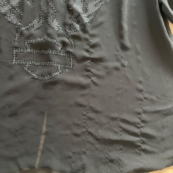 Harley Davidson Plus Size 1X Sheer Black Button Down Rhinestone Logo Top Womens - Picture 6 of 12